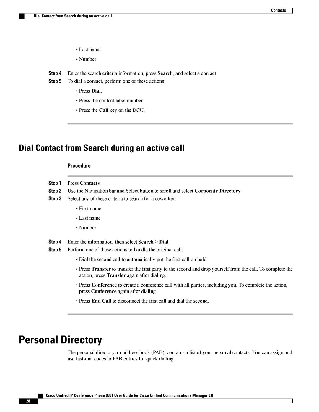 Cisco Systems CP8831K9, CP8831DCK9, CPMICWIREDS manual Personal Directory, Dial Contact from Search during an active call 