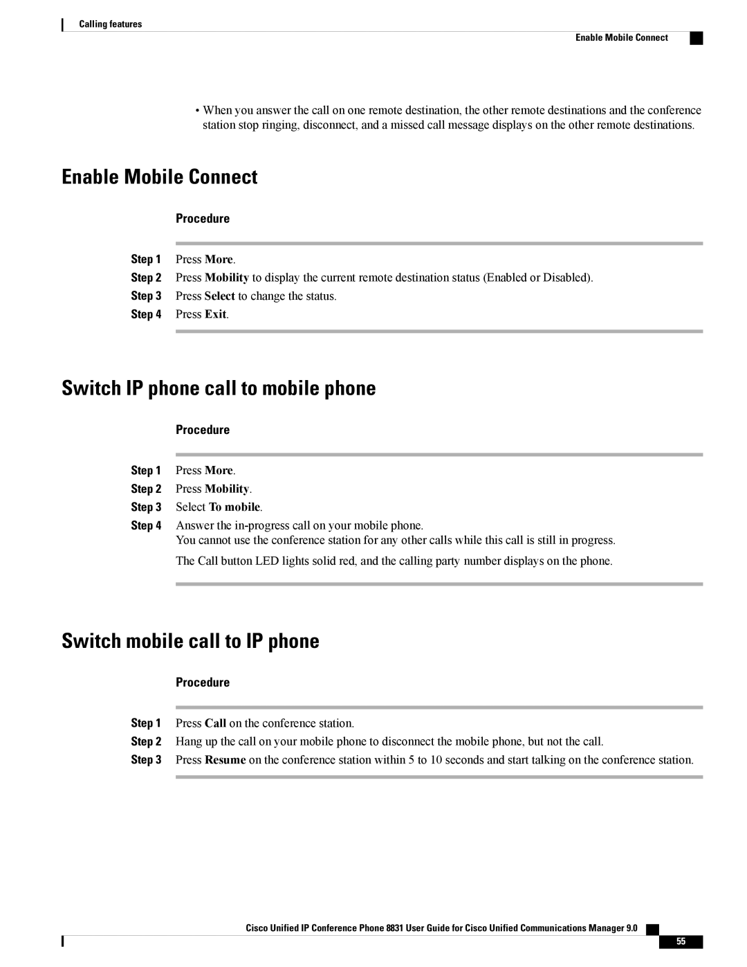 Cisco Systems CP8831K9 manual Enable Mobile Connect, Switch IP phone call to mobile phone, Switch mobile call to IP phone 