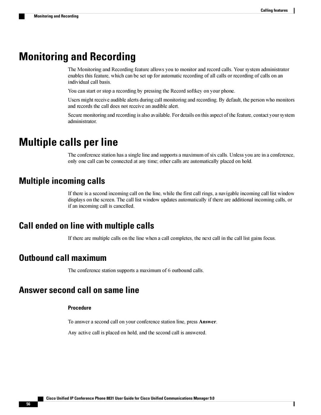 Cisco Systems CP8831DCK9, CP8831K9, CPMICWIREDS manual Monitoring and Recording, Multiple calls per line 