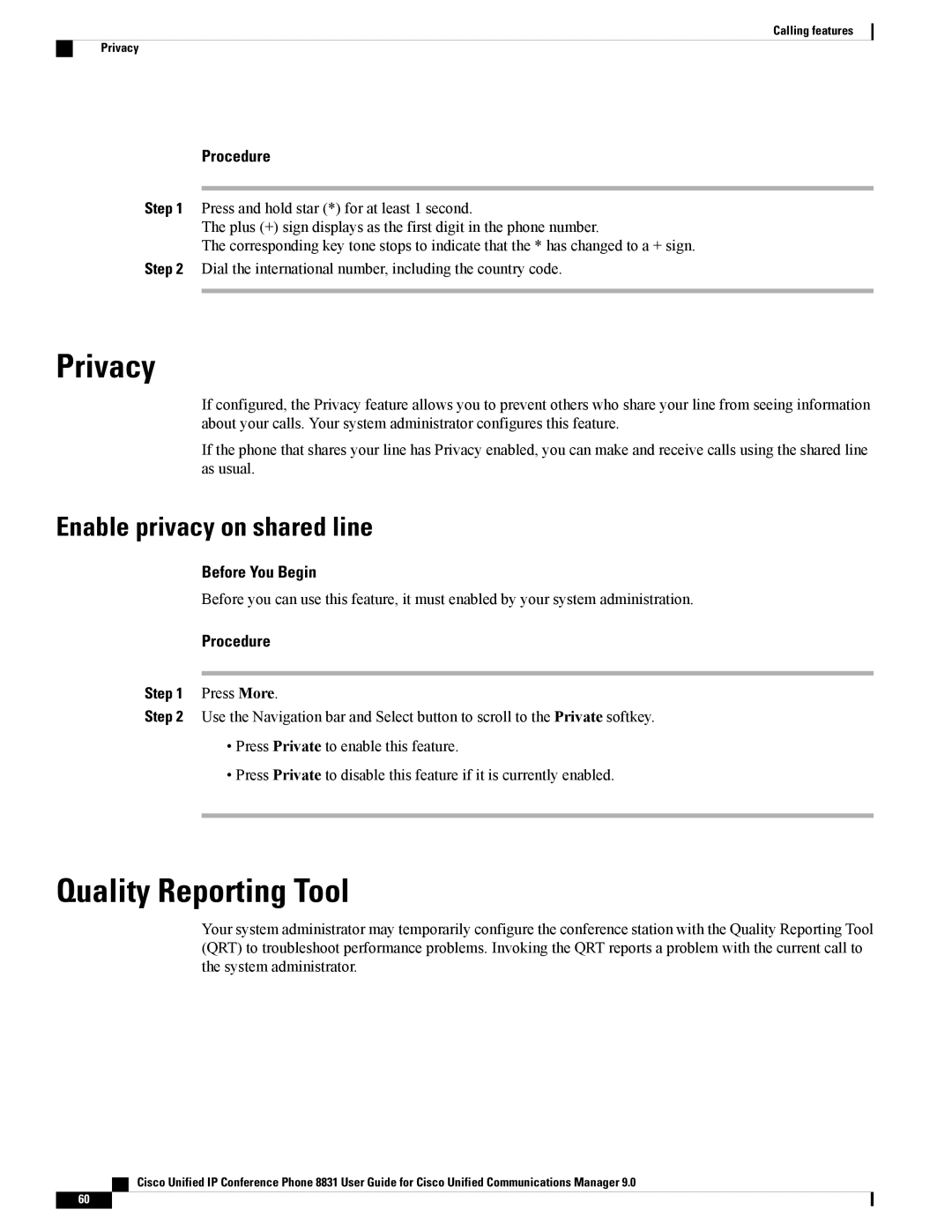 Cisco Systems CPMICWIREDS, CP8831K9, CP8831DCK9 manual Privacy, Quality Reporting Tool, Enable privacy on shared line 