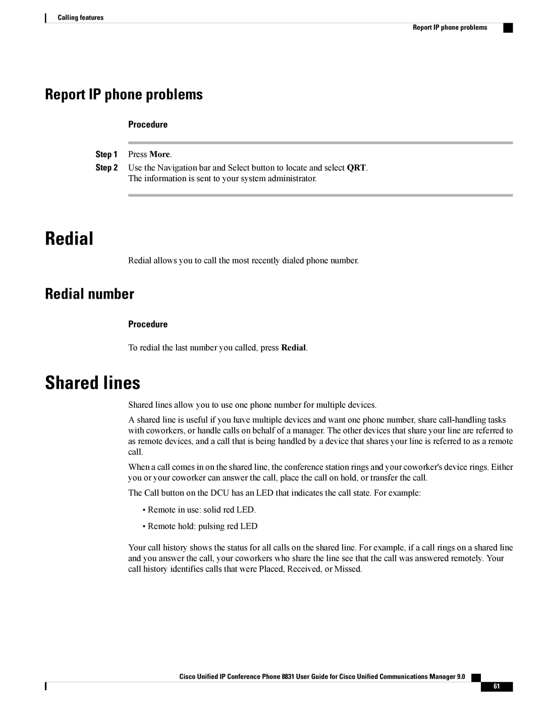 Cisco Systems CP8831K9, CP8831DCK9, CPMICWIREDS manual Shared lines, Report IP phone problems, Redial number 