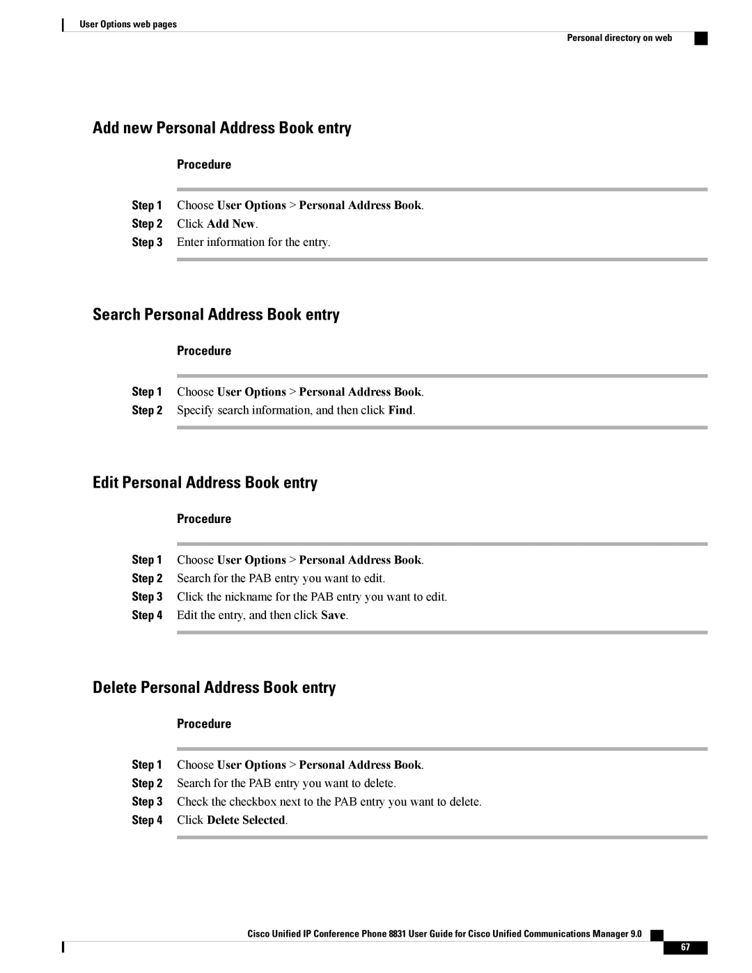 Cisco Systems CP8831K9, CP8831DCK9 Add new Personal Address Book entry, Search Personal Address Book entry, Click Add New 