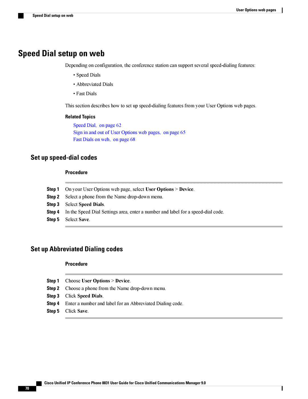 Cisco Systems CP8831K9 Speed Dial setup on web, Set up speed-dial codes, Set up Abbreviated Dialing codes, Click Save 