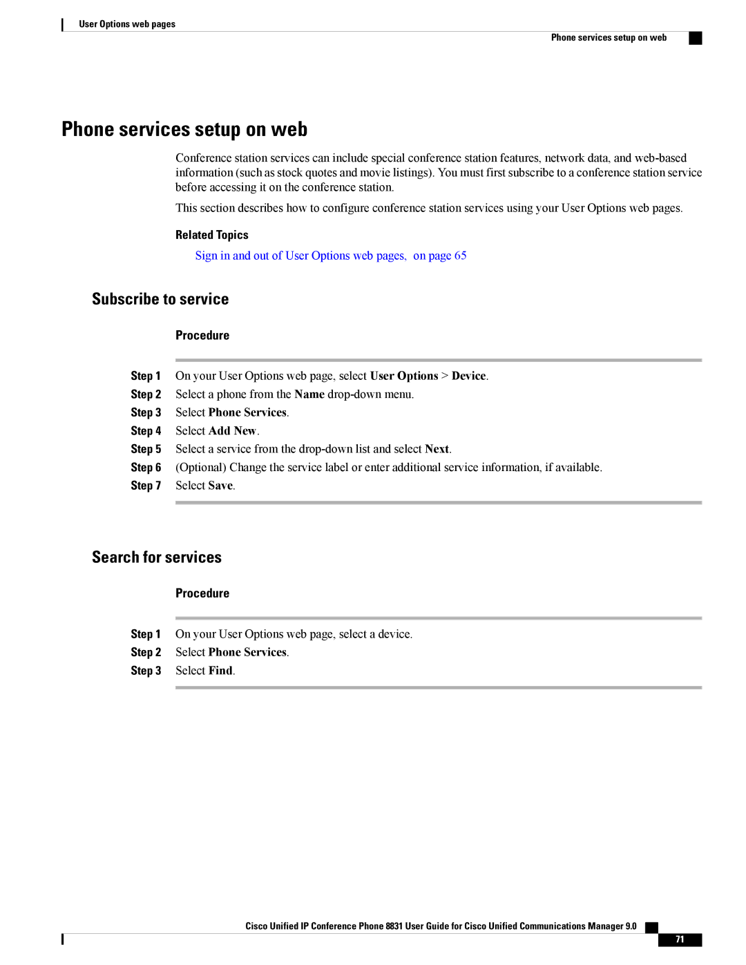 Cisco Systems CP8831DCK9 Phone services setup on web, Subscribe to service, Search for services, Select Phone Services 