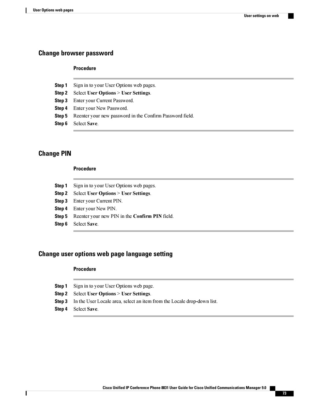Cisco Systems CP8831K9, CP8831DCK9 manual Change browser password, Change PIN, Change user options web page language setting 