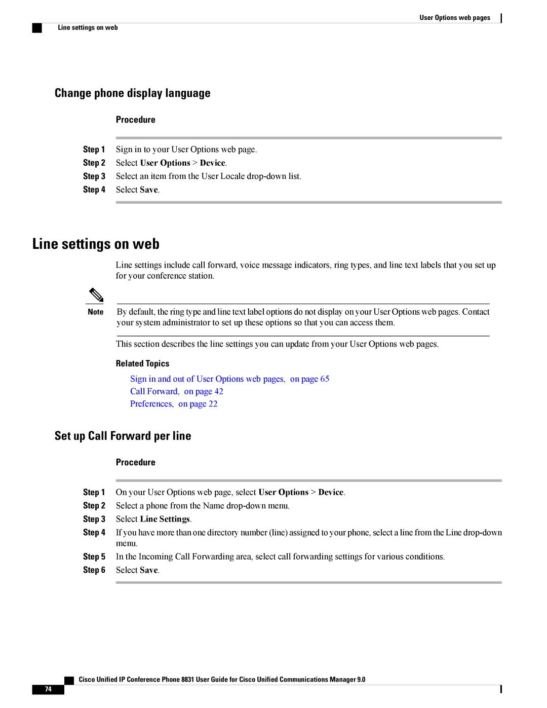 Cisco Systems CP8831DCK9, CP8831K9 manual Line settings on web, Change phone display language, Set up Call Forward per line 