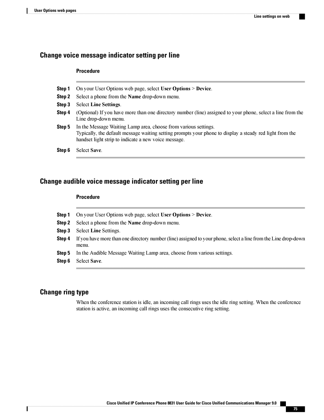 Cisco Systems CPMICWIREDS, CP8831K9, CP8831DCK9 manual Change voice message indicator setting per line, Change ring type 