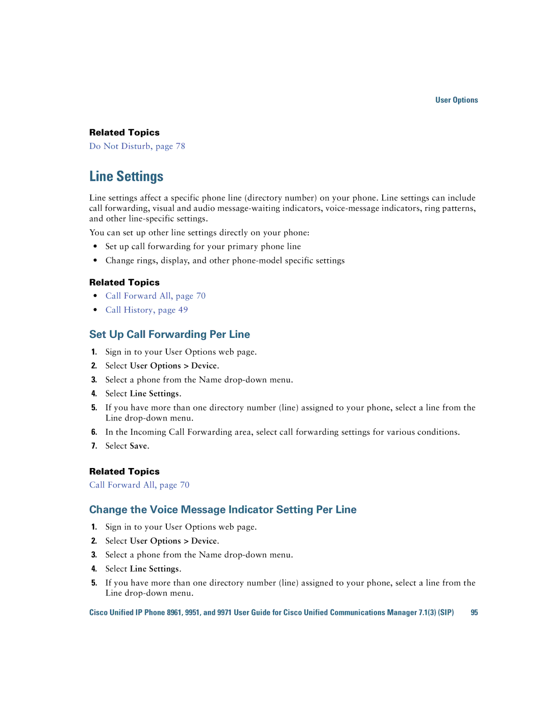 Cisco Systems CP9951CCAMK9 manual Line Settings, Set Up Call Forwarding Per Line, Select User Options Device 