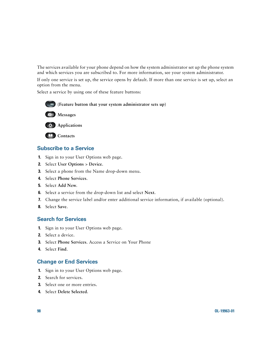 Cisco Systems CP9951CCAMK9 Subscribe to a Service, Search for Services, Change or End Services, Select Phone Services 