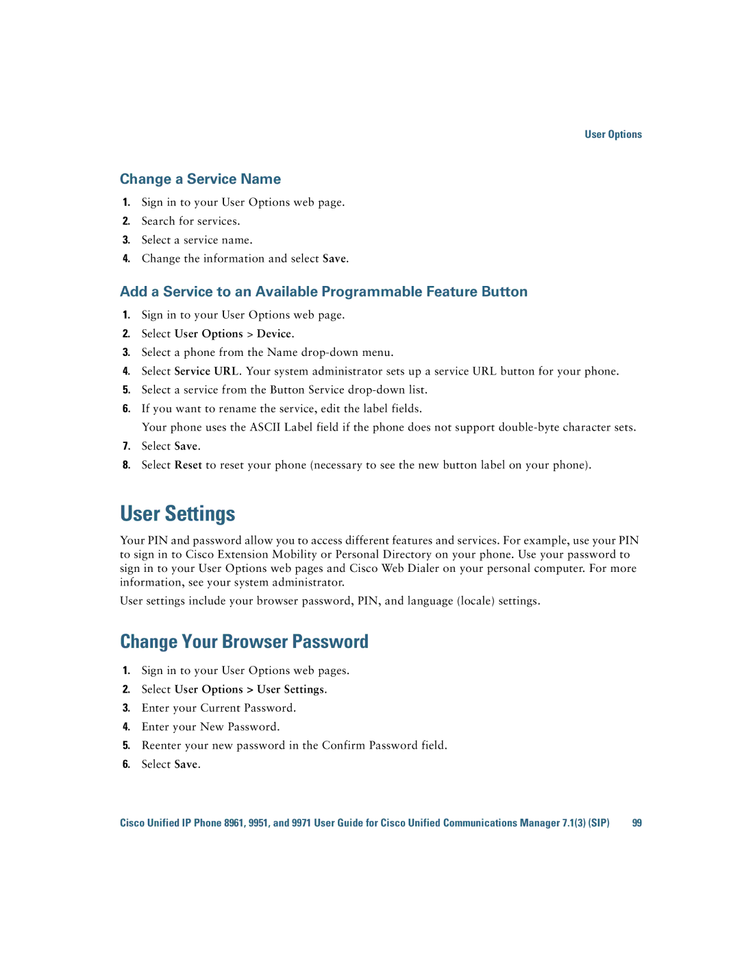 Cisco Systems CP9951CCAMK9 manual User Settings, Change Your Browser Password, Change a Service Name 