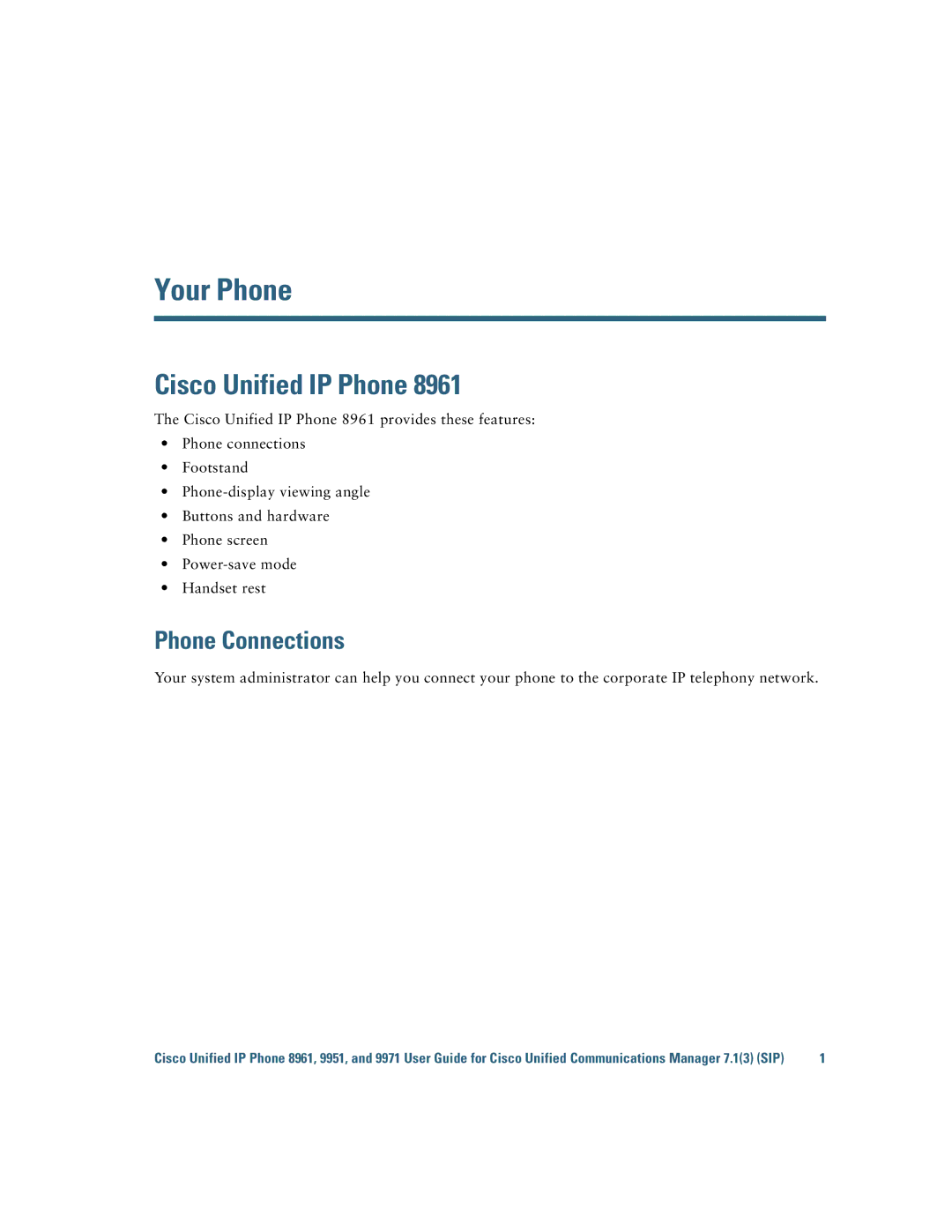 Cisco Systems CP9951CCAMK9 manual Cisco Unified IP Phone, Phone Connections 