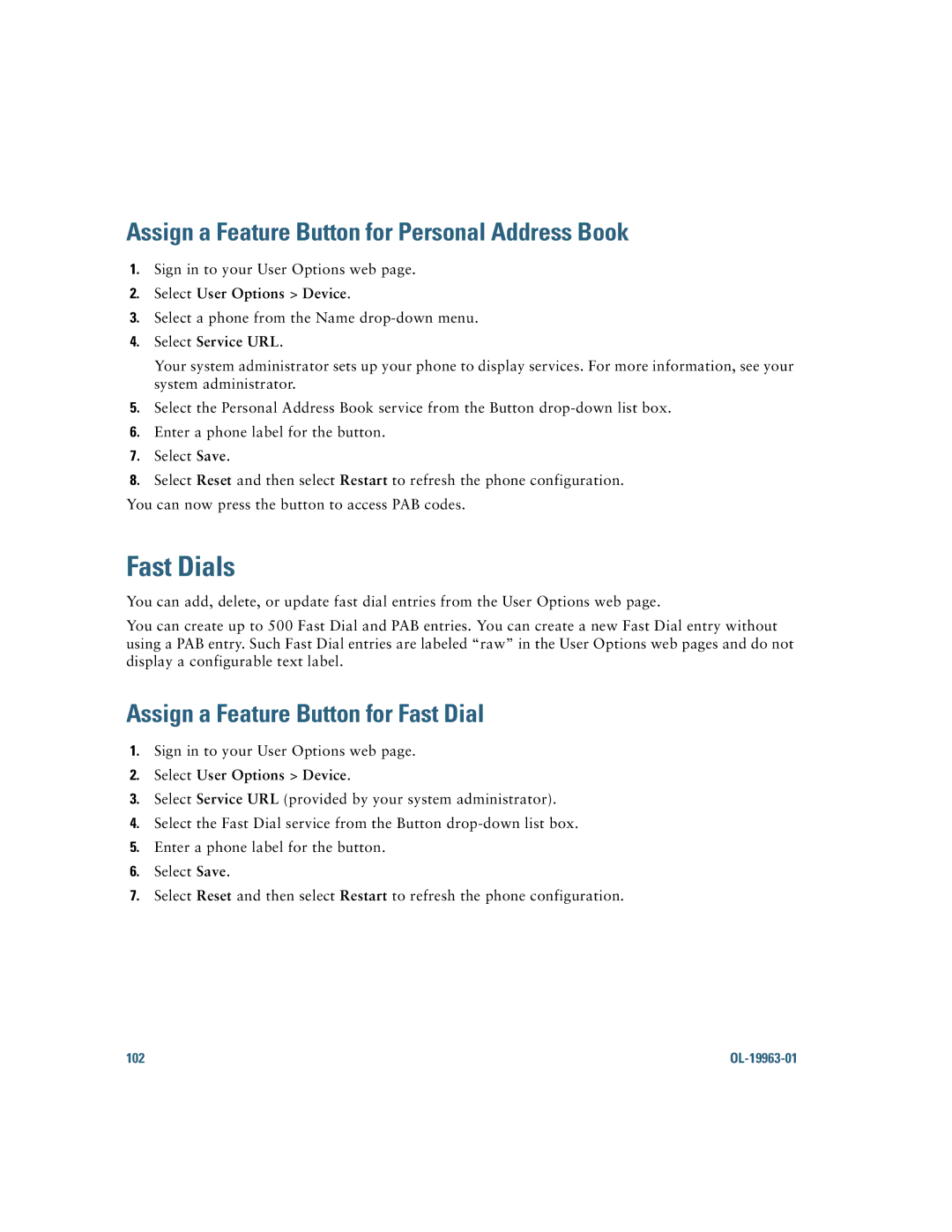 Cisco Systems CP9951CCAMK9 manual Fast Dials, Assign a Feature Button for Personal Address Book, Select Service URL 