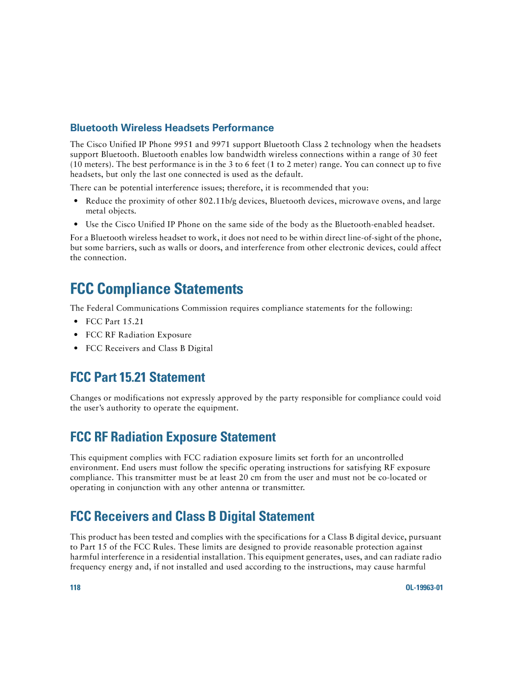 Cisco Systems CP9951CCAMK9 manual FCC Compliance Statements, FCC Part 15.21 Statement, FCC RF Radiation Exposure Statement 