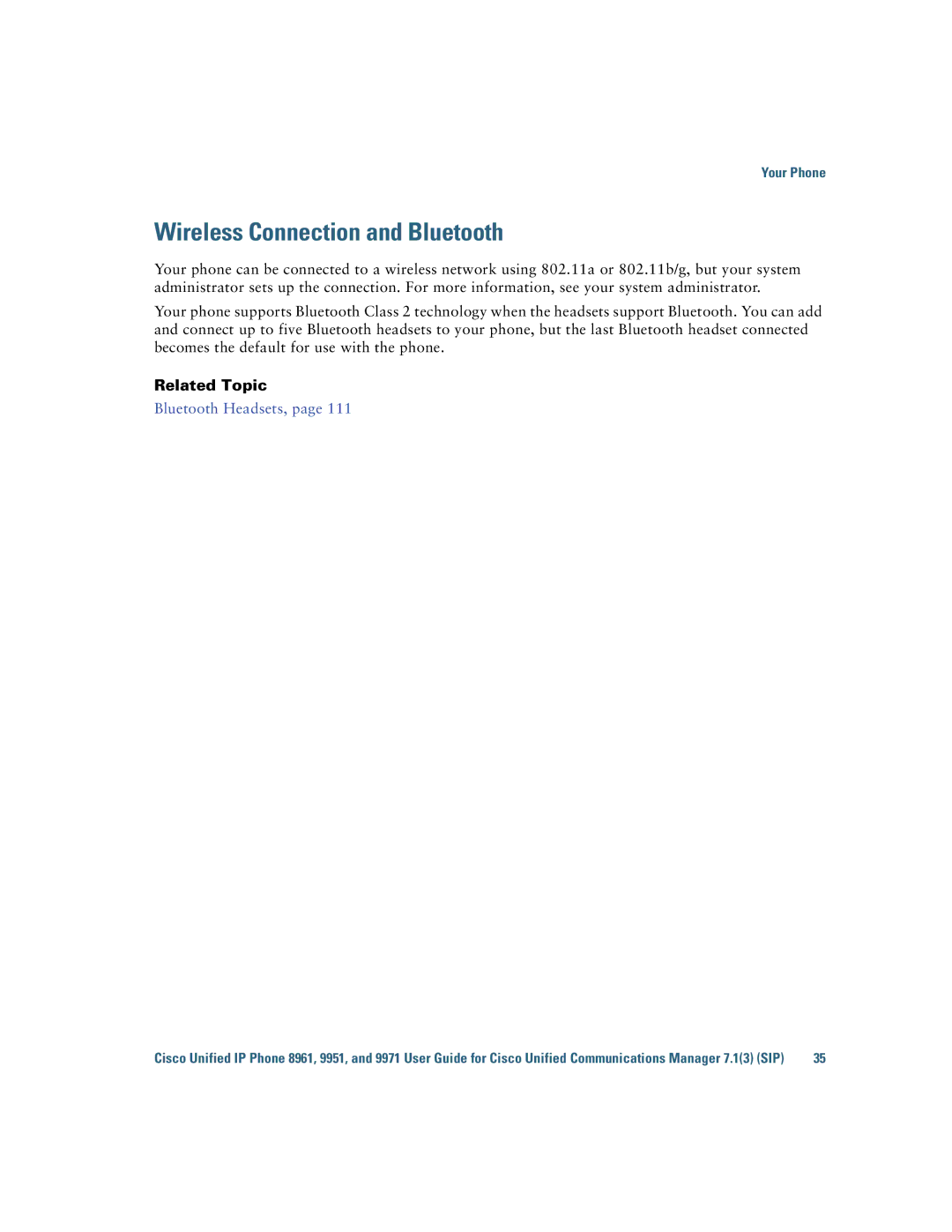 Cisco Systems CP9951CCAMK9 manual Wireless Connection and Bluetooth, Related Topic 