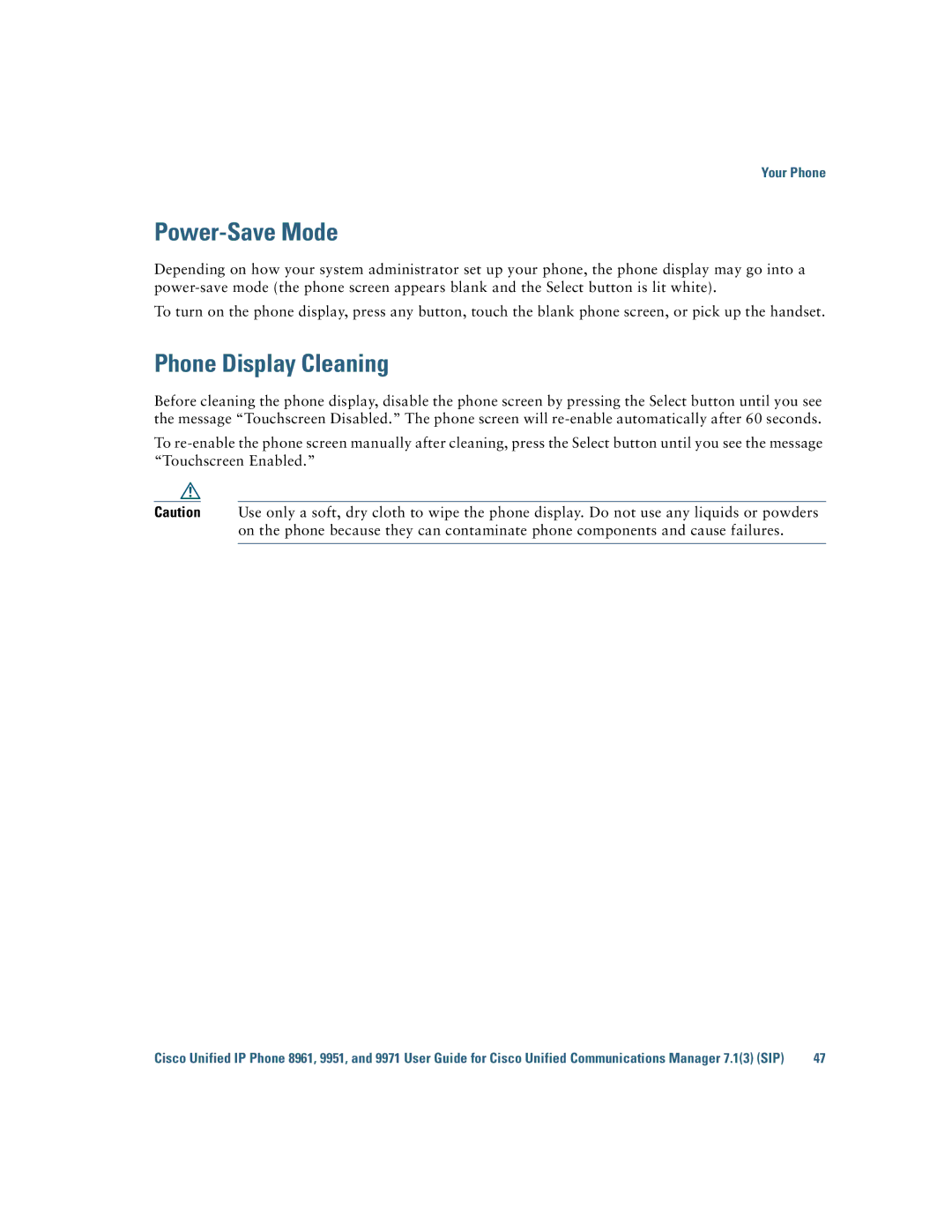 Cisco Systems CP9951CCAMK9 manual Power-Save Mode, Phone Display Cleaning 