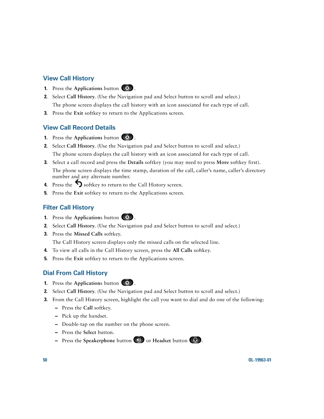 Cisco Systems CP9951CCAMK9 manual View Call History, View Call Record Details, Filter Call History, Dial From Call History 