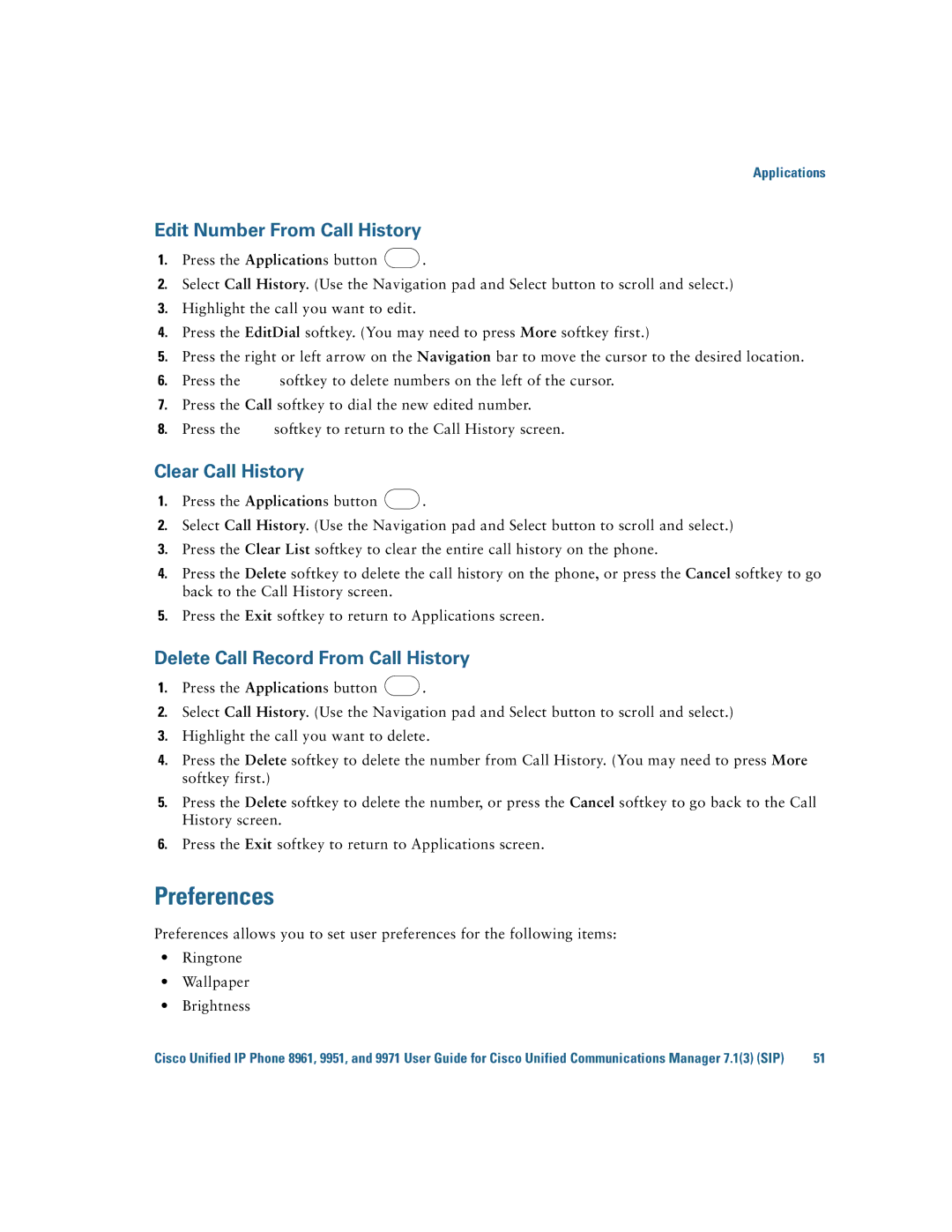 Cisco Systems CP9951CCAMK9 manual Preferences, Edit Number From Call History, Clear Call History 