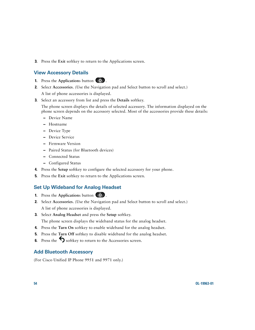 Cisco Systems CP9951CCAMK9 manual View Accessory Details, Set Up Wideband for Analog Headset, Add Bluetooth Accessory 