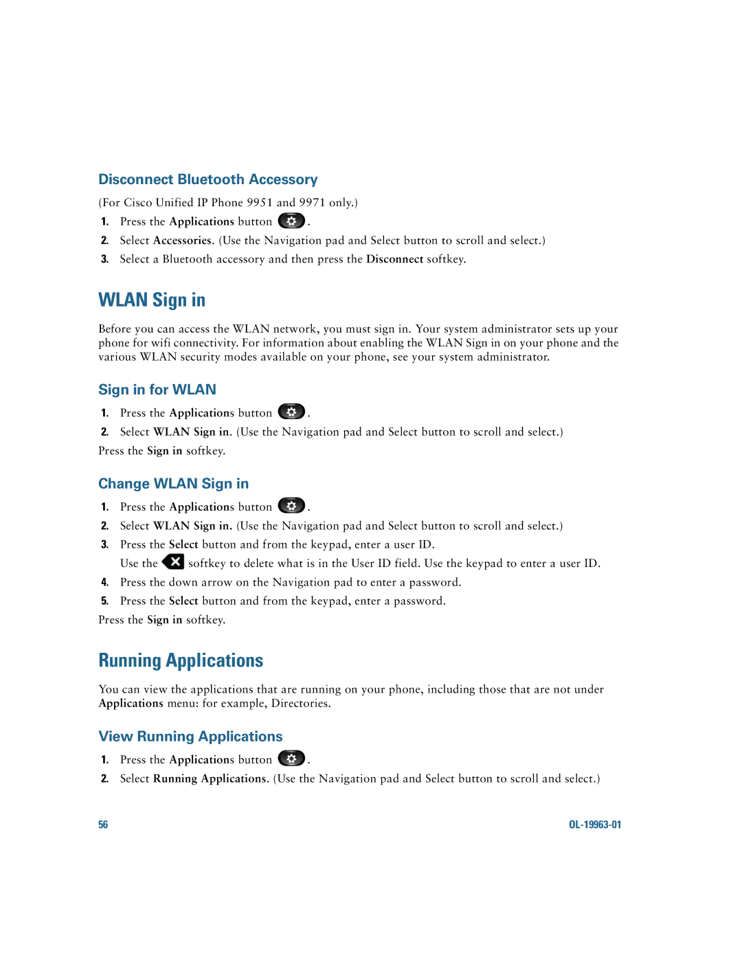 Cisco Systems CP9951CCAMK9 manual Wlan Sign, Running Applications 