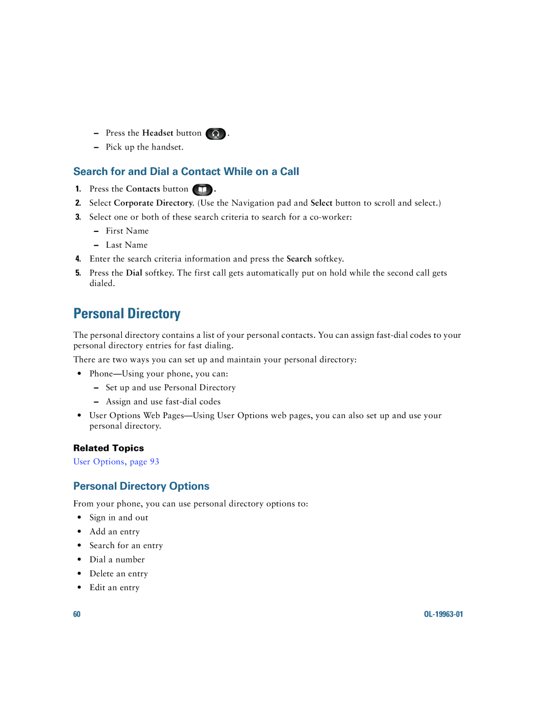 Cisco Systems CP9951CCAMK9 manual Search for and Dial a Contact While on a Call, Personal Directory Options 