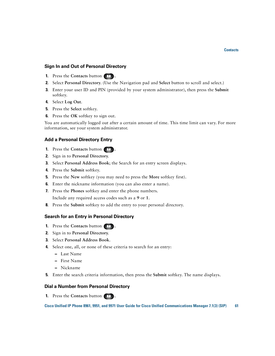 Cisco Systems CP9951CCAMK9 manual Sign in to Personal Directory Select Personal Address Book 