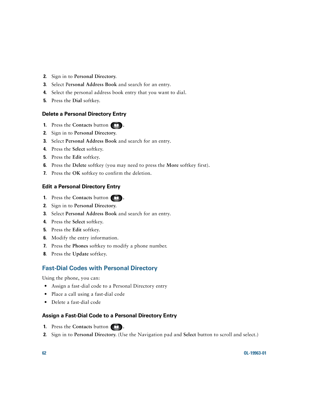 Cisco Systems CP9951CCAMK9 manual Fast-Dial Codes with Personal Directory, Delete a Personal Directory Entry 