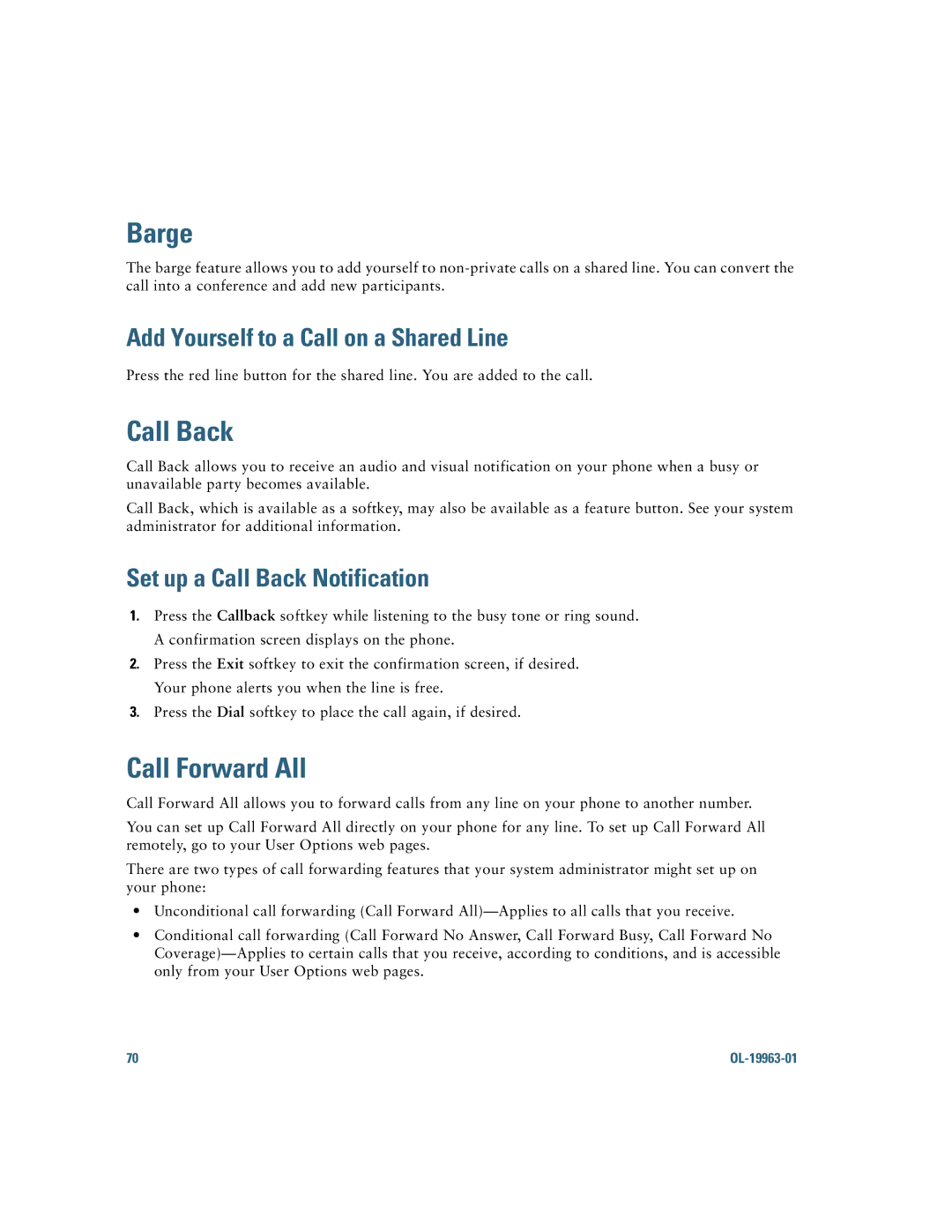 Cisco Systems CP9951CCAMK9 manual Barge, Call Back, Call Forward All, Add Yourself to a Call on a Shared Line 