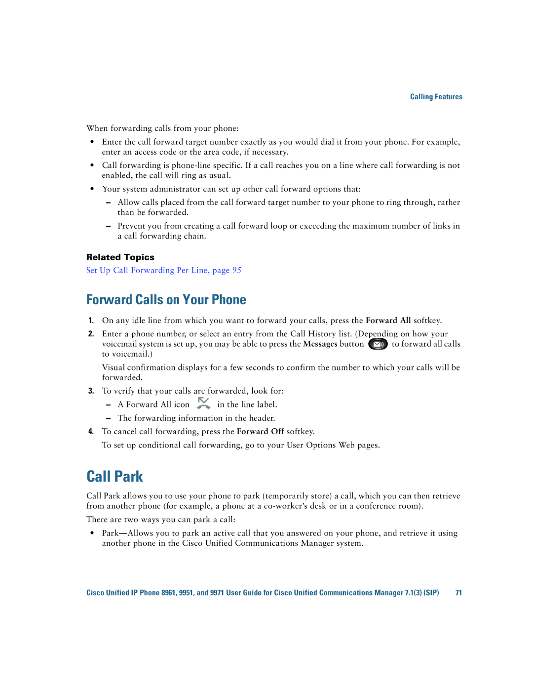 Cisco Systems CP9951CCAMK9 manual Call Park, Forward Calls on Your Phone 