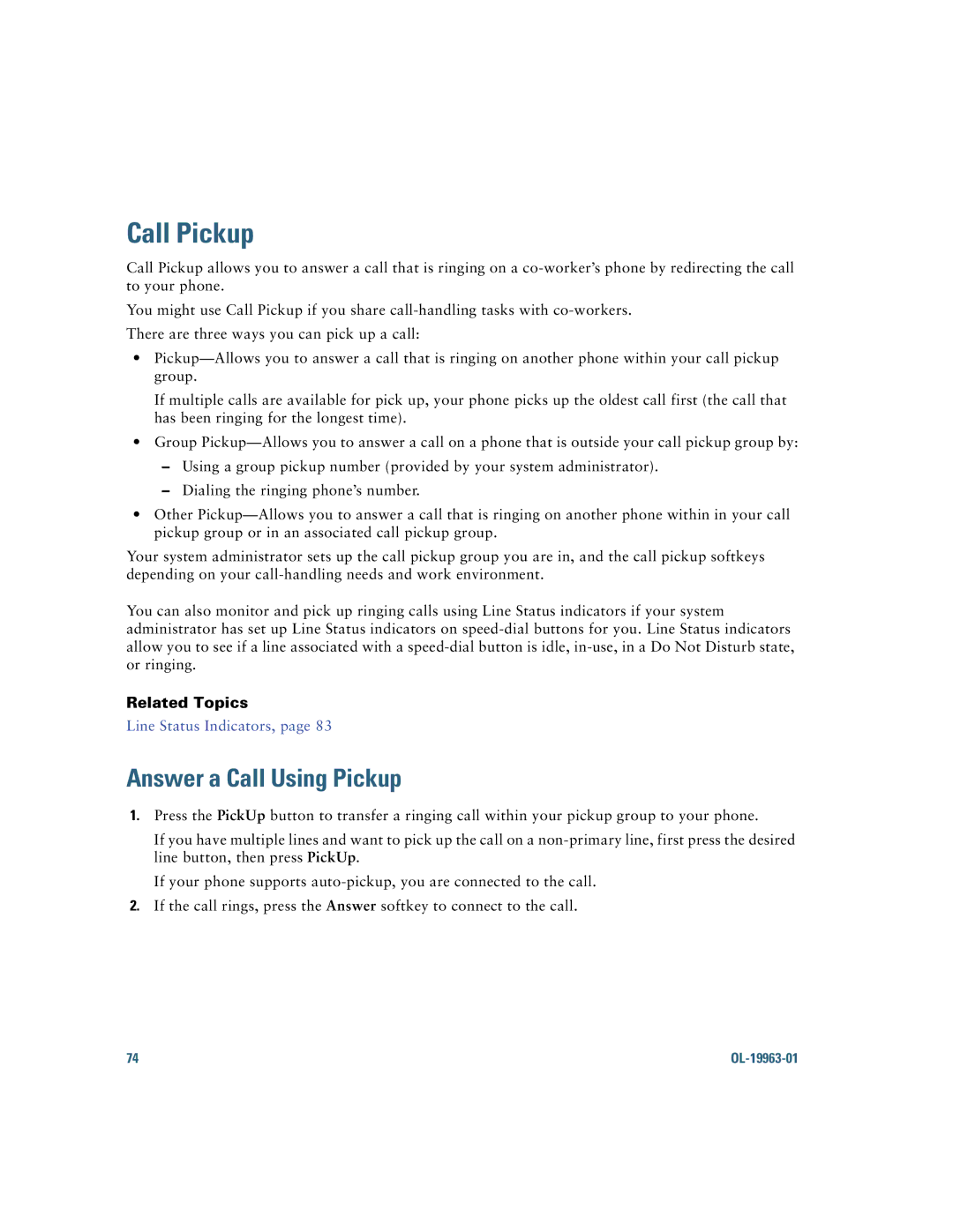 Cisco Systems CP9951CCAMK9 manual Call Pickup, Answer a Call Using Pickup 