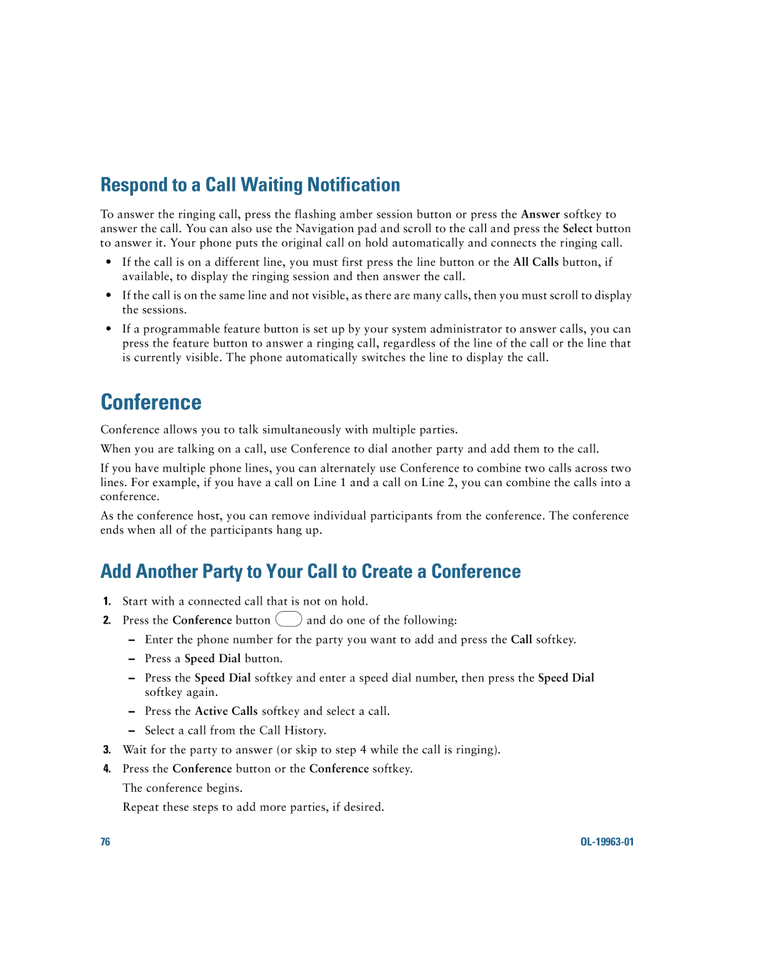 Cisco Systems CP9951CCAMK9 manual Conference, Respond to a Call Waiting Notification 