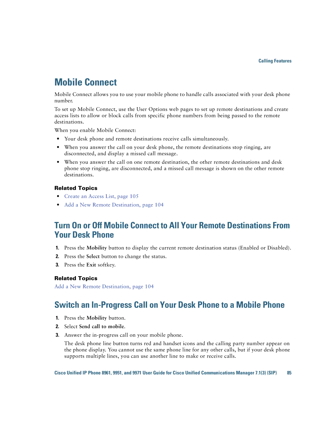 Cisco Systems CP9951CCAMK9 manual Mobile Connect, Select Send call to mobile 