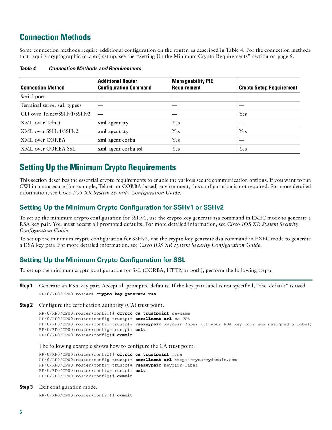 Cisco Systems Craft Works Interface quick start Connection Methods, Setting Up the Minimum Crypto Requirements 