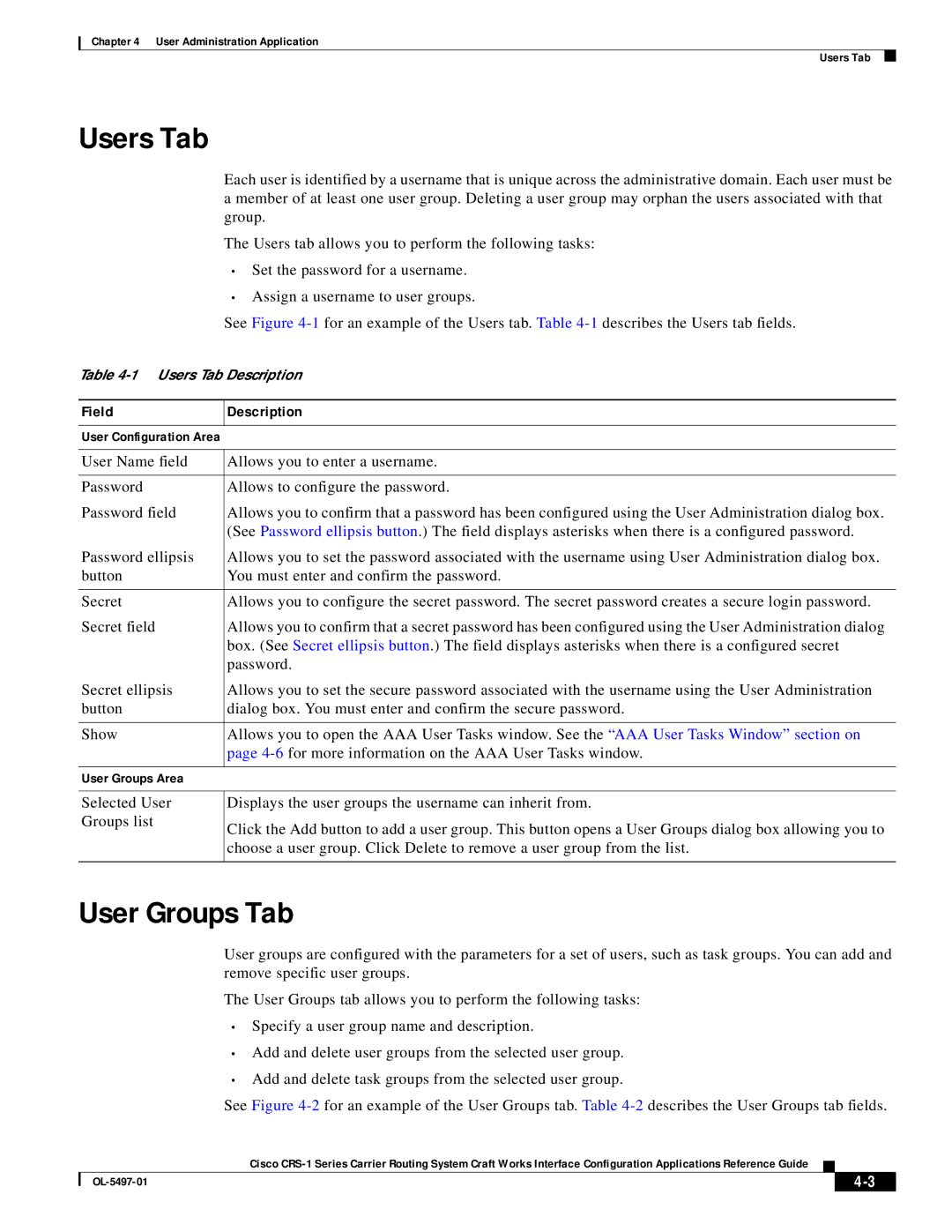 Cisco Systems CRS-1 Series manual Users Tab, User Groups Tab 