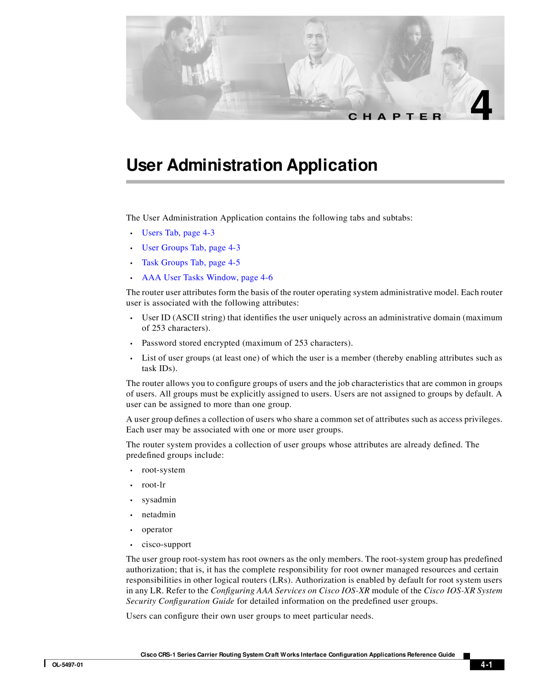 Cisco Systems CRS-1 Series manual User Administration Application, C H A P T E R, AAA User Tasks Window, page 