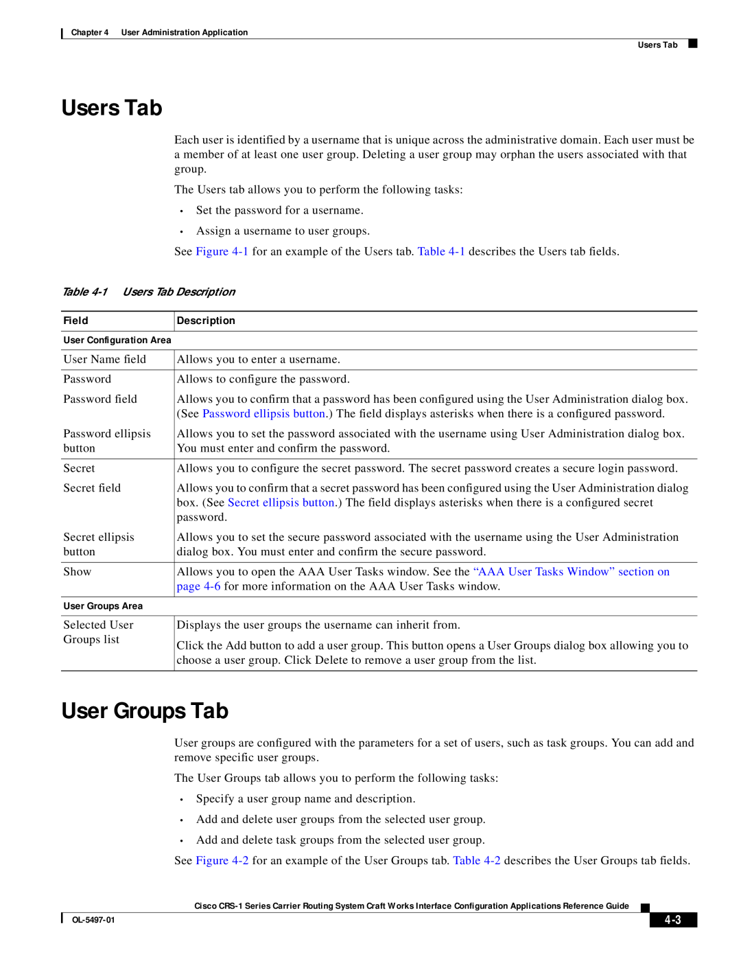 Cisco Systems CRS-1 Series manual Users Tab, User Groups Tab, Field, Description 