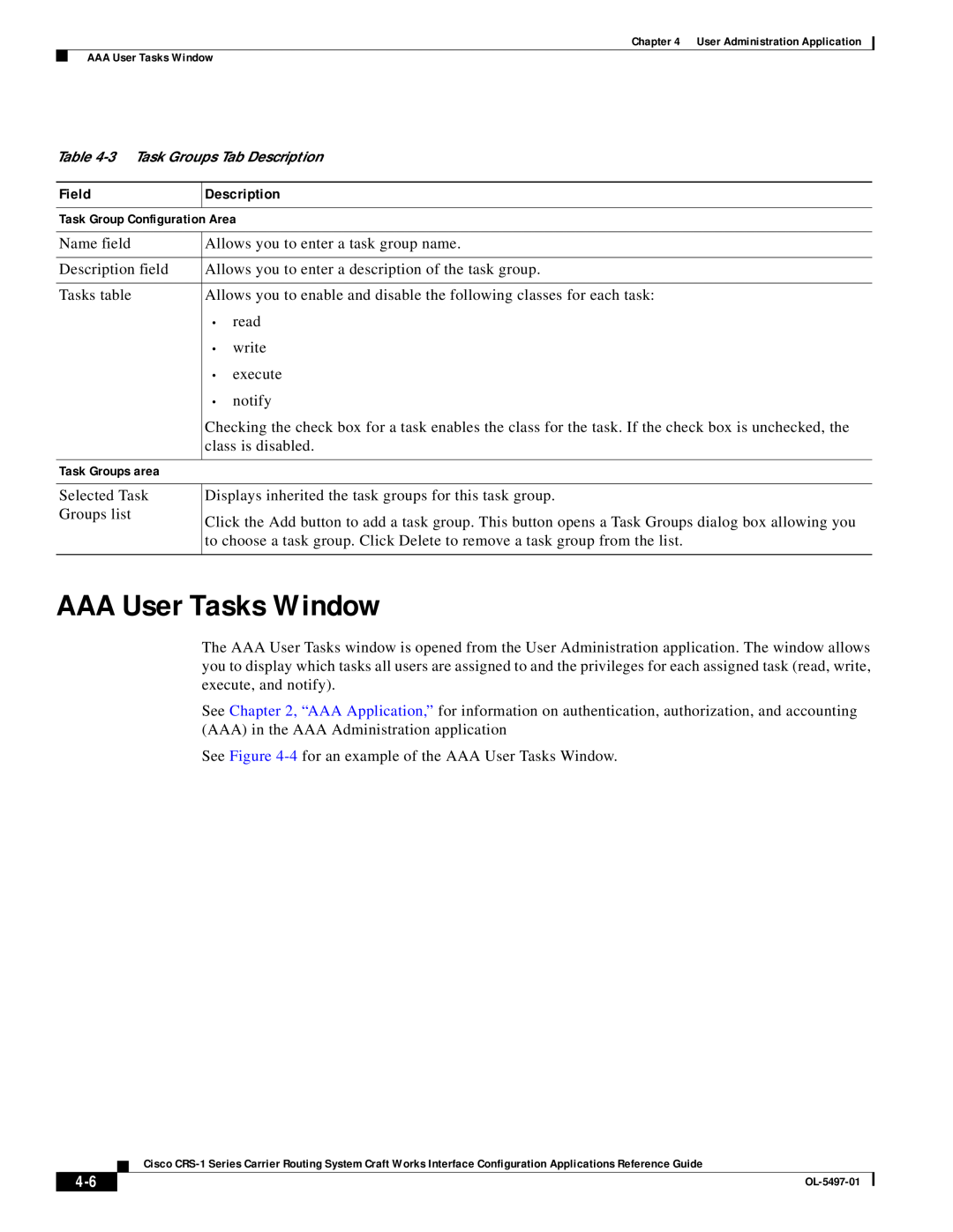 Cisco Systems CRS-1 Series manual AAA User Tasks Window, Field, 3 Task Groups Tab Description 