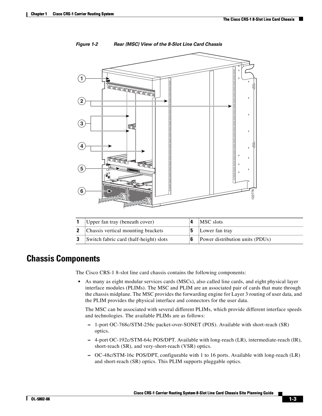 Cisco Systems CRS-1 manual Chassis Components, 2 Rear MSC View of the 8-Slot Line Card Chassis 