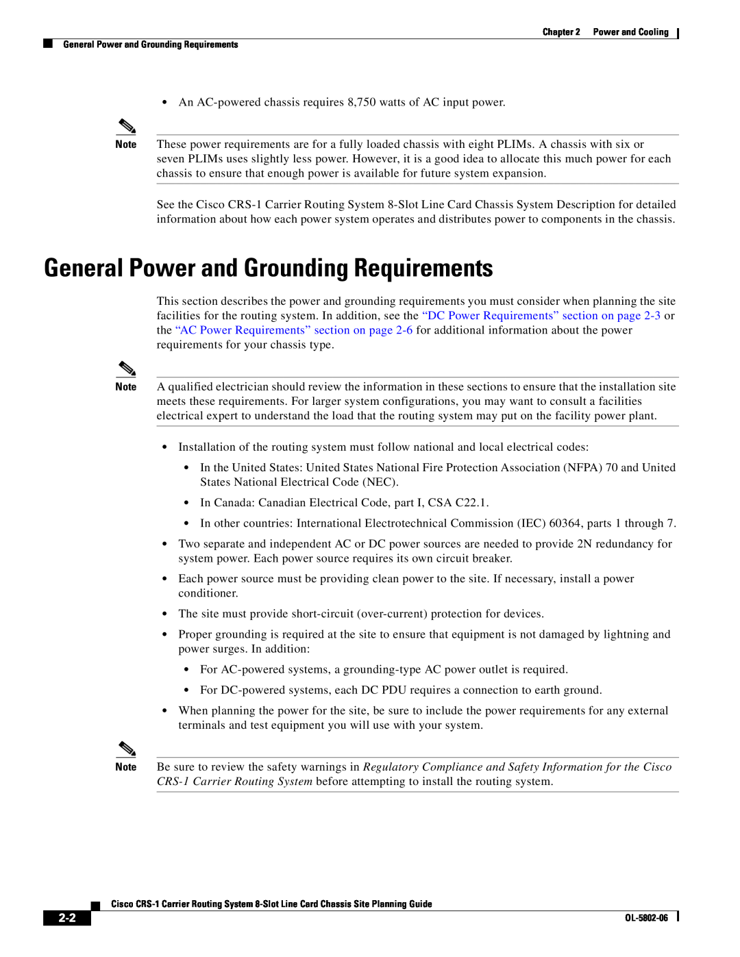 Cisco Systems CRS-1 manual General Power and Grounding Requirements 