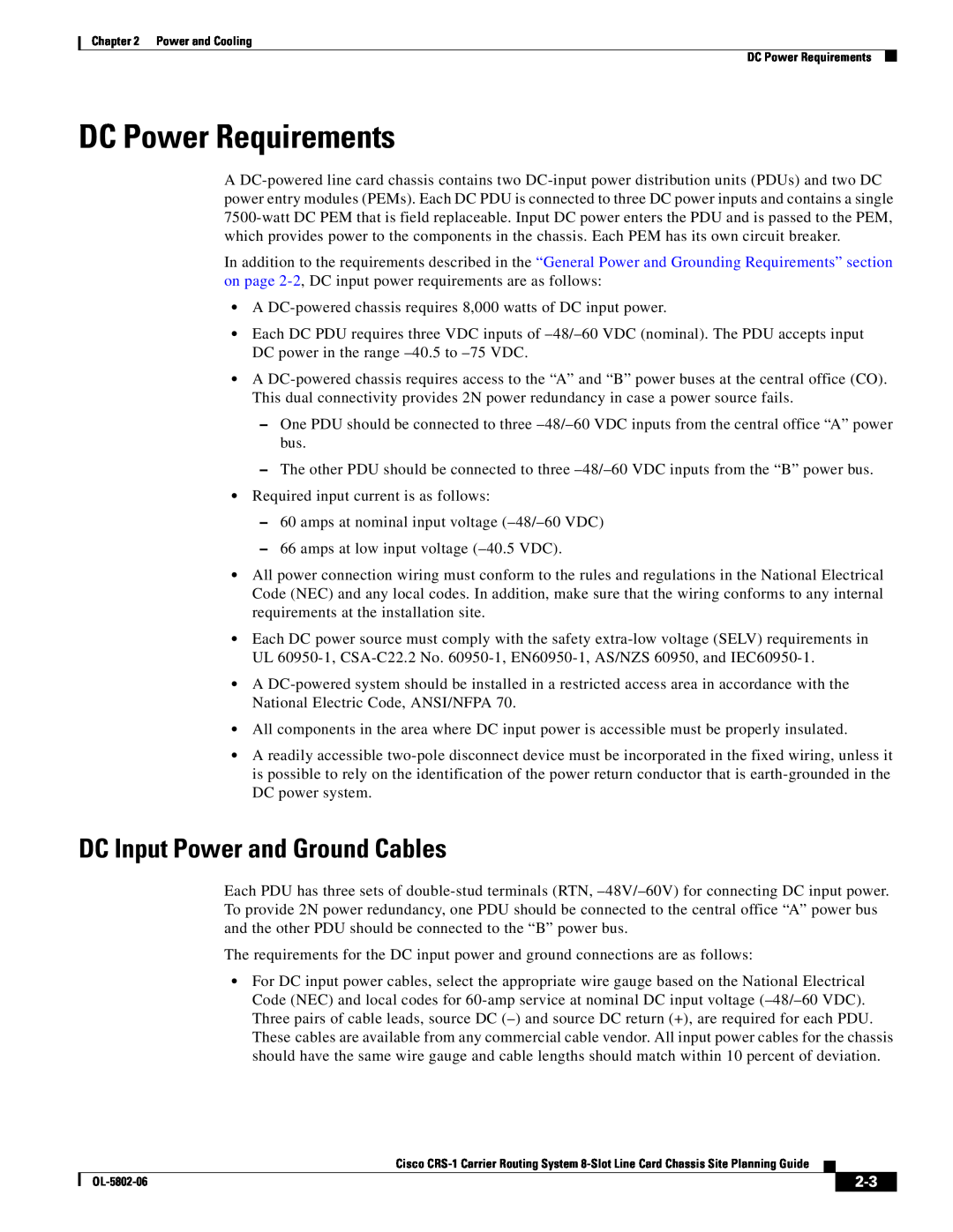 Cisco Systems CRS-1 manual DC Power Requirements, DC Input Power and Ground Cables 