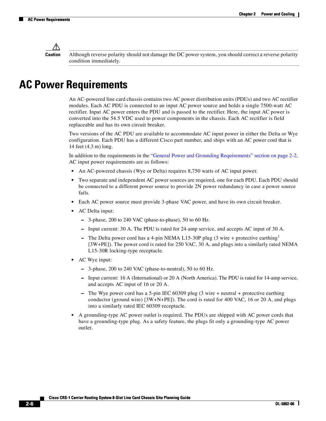 Cisco Systems CRS-1 manual AC Power Requirements 