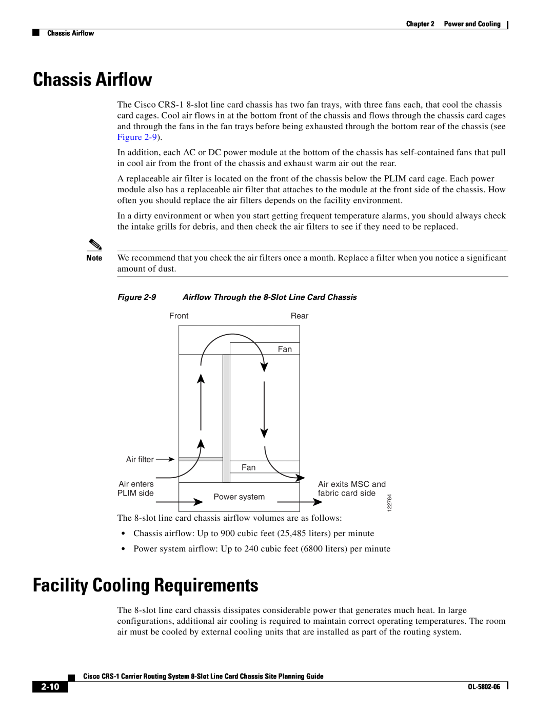 Cisco Systems CRS-1 manual Chassis Airflow, Facility Cooling Requirements, 2-10 