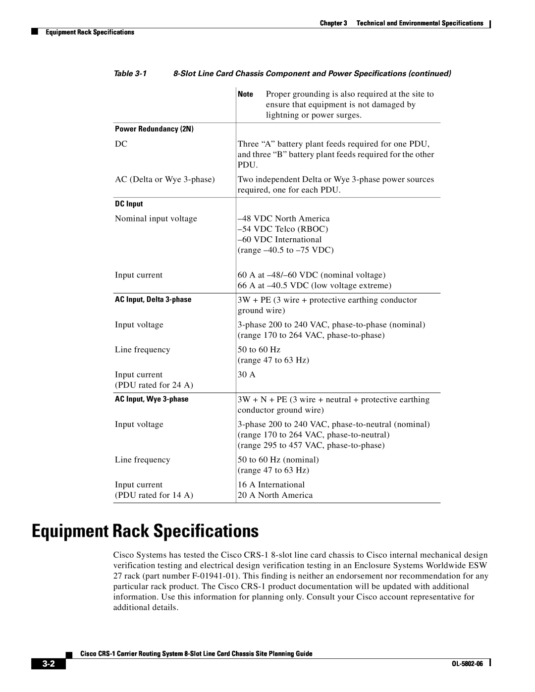 Cisco Systems CRS-1 manual Equipment Rack Specifications, Power Redundancy 2N, DC Input, AC Input, Delta 3-phase 