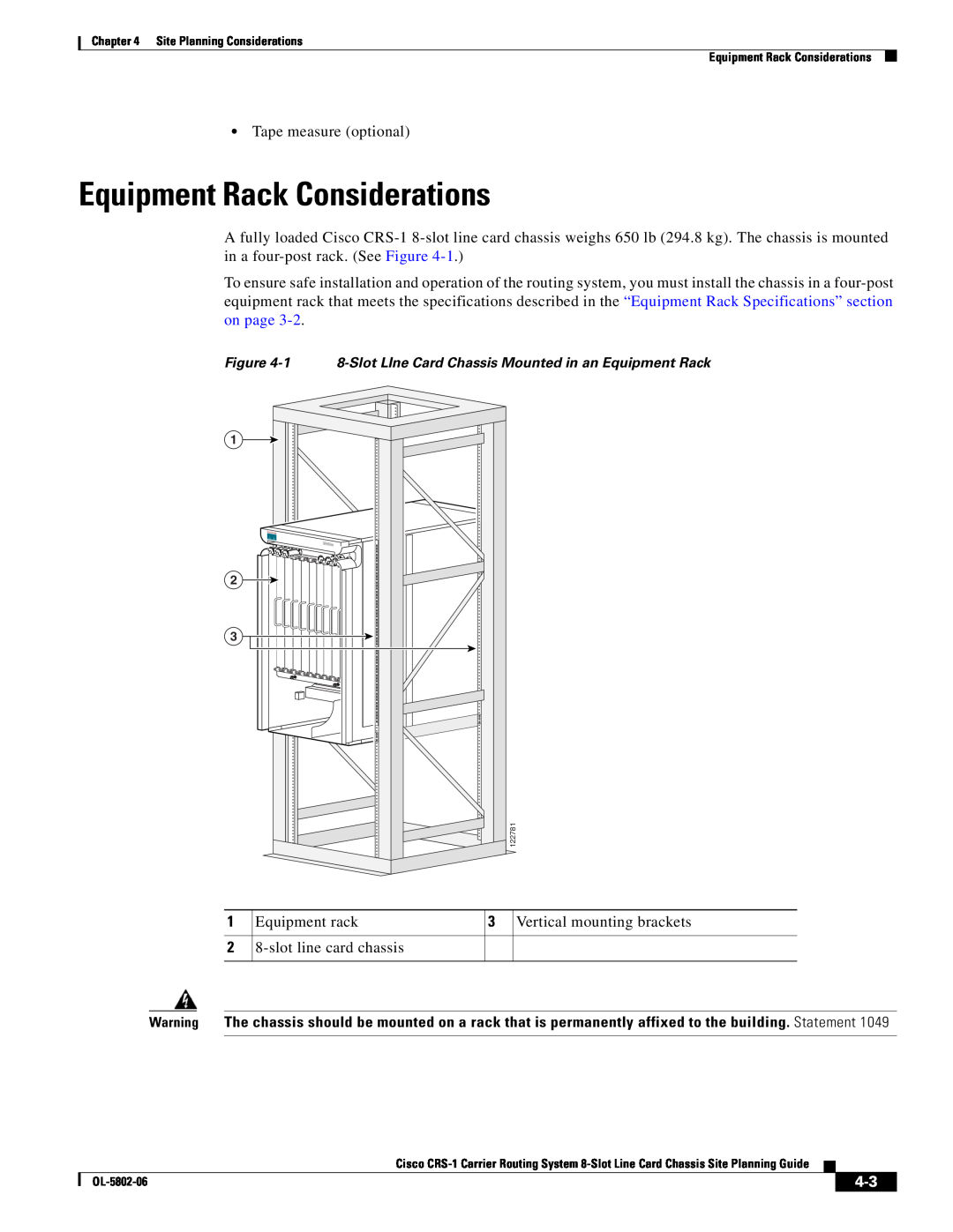 Cisco Systems CRS-1 manual Equipment Rack Considerations, Equipment rack, Vertical mounting brackets 