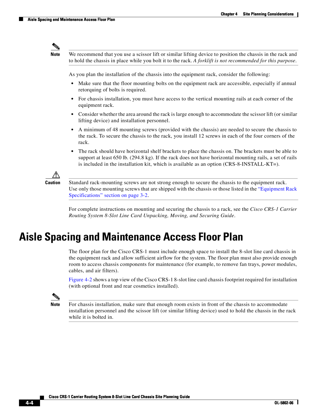 Cisco Systems CRS-1 manual Aisle Spacing and Maintenance Access Floor Plan 