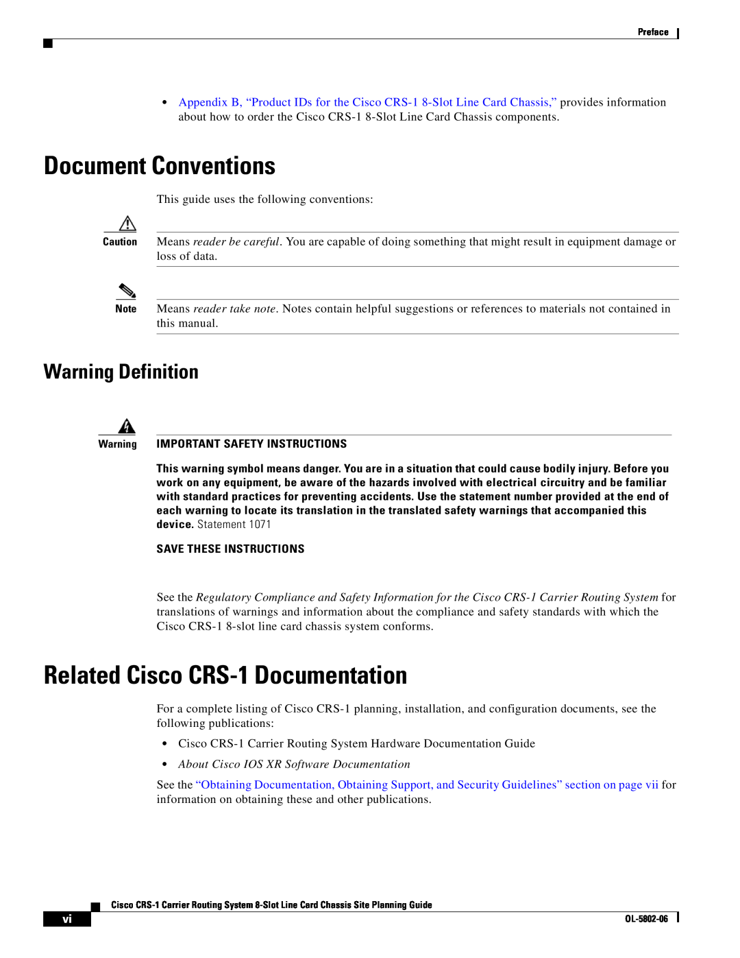 Cisco Systems Document Conventions, Related Cisco CRS-1 Documentation, Warning Definition, Save These Instructions 