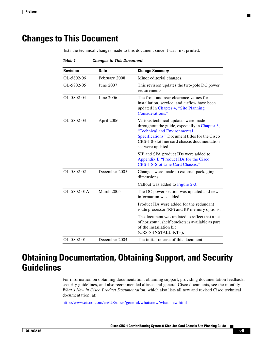 Cisco Systems CRS-1 Changes to This Document, Obtaining Documentation, Obtaining Support, and Security Guidelines, Date 