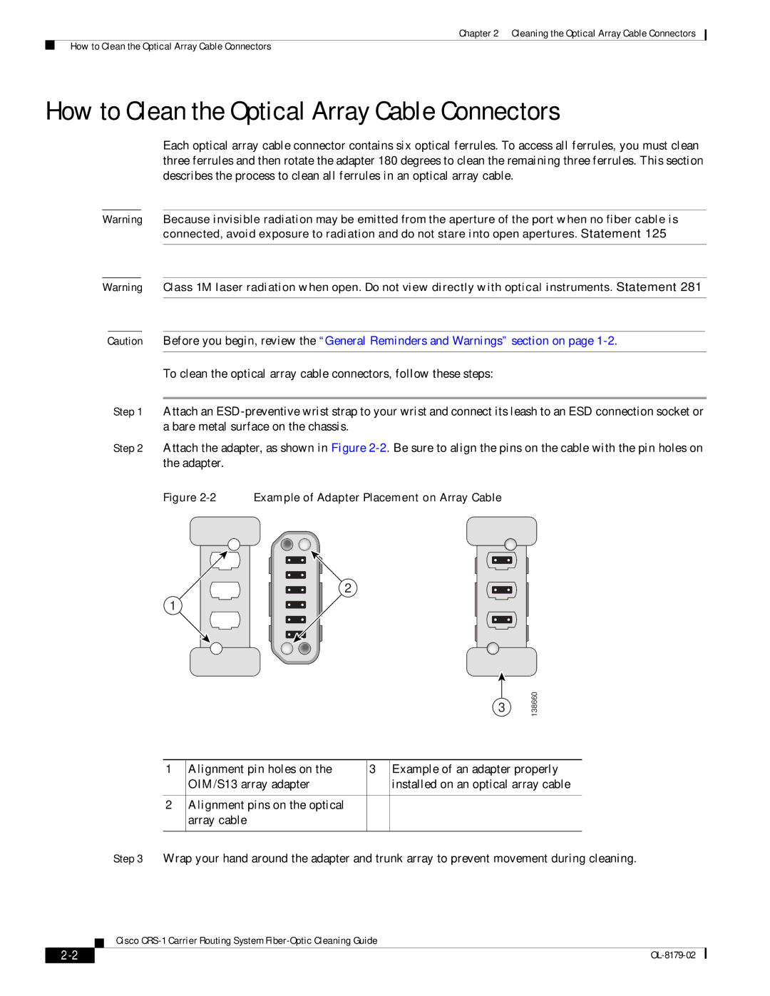 Cisco Systems CRS-1 manual How to Clean the Optical Array Cable Connectors, Example of Adapter Placement on Array Cable 