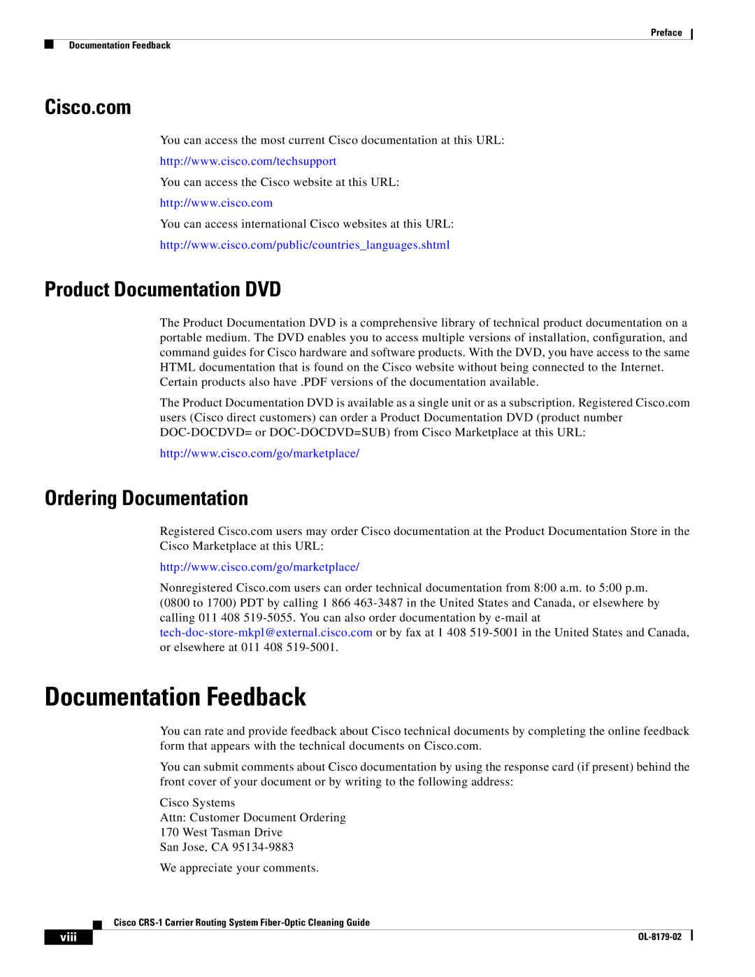 Cisco Systems CRS-1 manual Documentation Feedback, Cisco.com, Product Documentation DVD, Ordering Documentation 