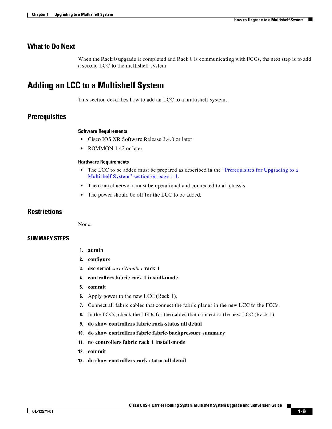 Cisco Systems CRS-1 manual Adding an LCC to a Multishelf System, What to Do Next 