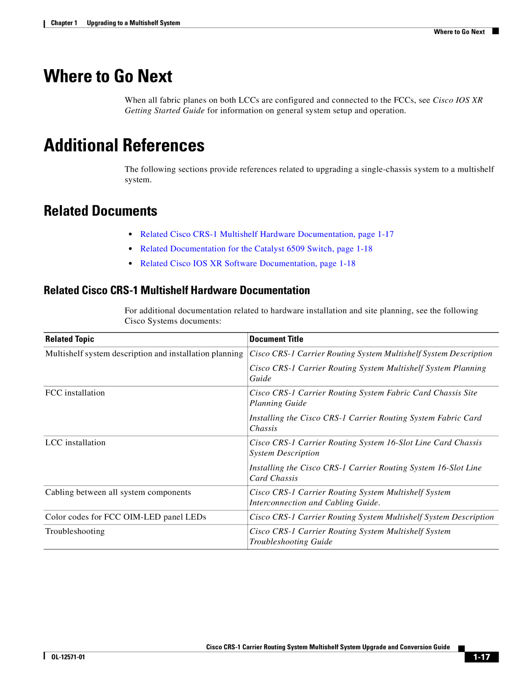 Cisco Systems CRS-1 manual Where to Go Next, Additional References, Related Documents 